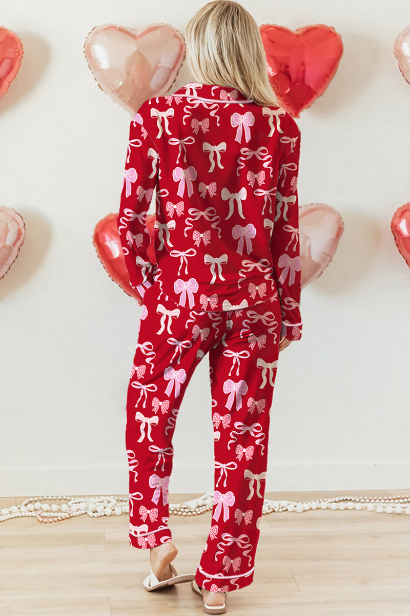 Bow Print Long Sleeve Loungewear Set