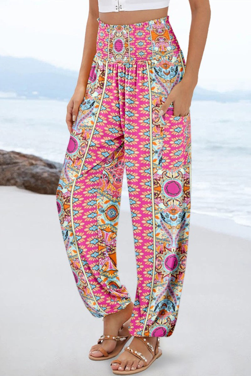 Boho Print Elastic Waist Casual Pants