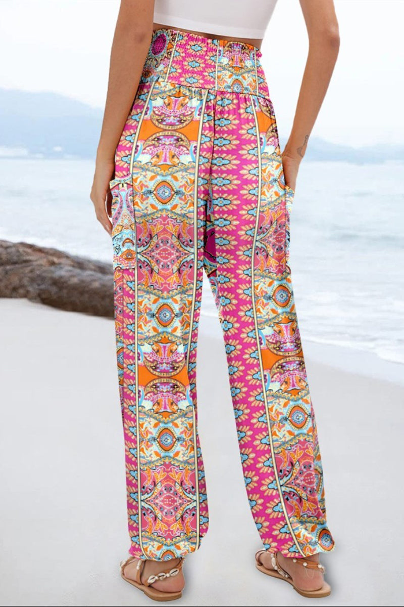Boho Print Elastic Waist Casual Pants