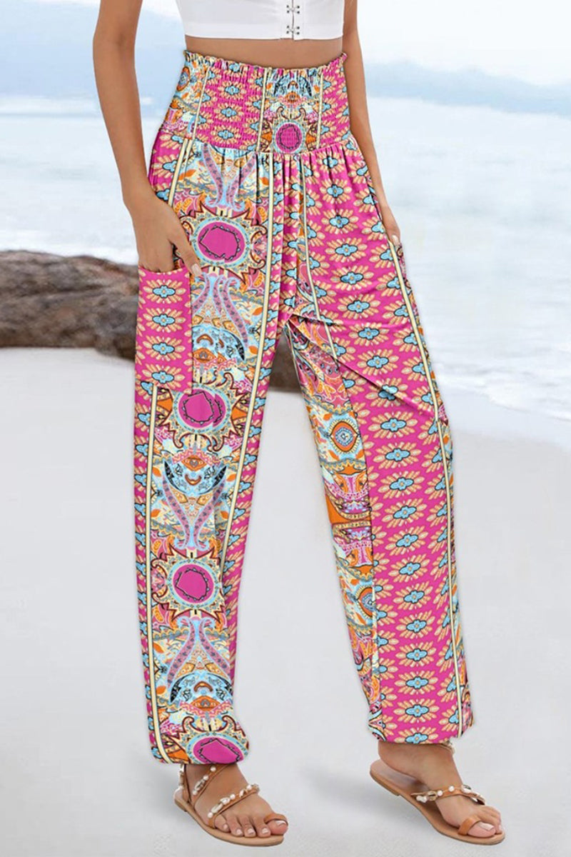 Boho Print Elastic Waist Casual Pants