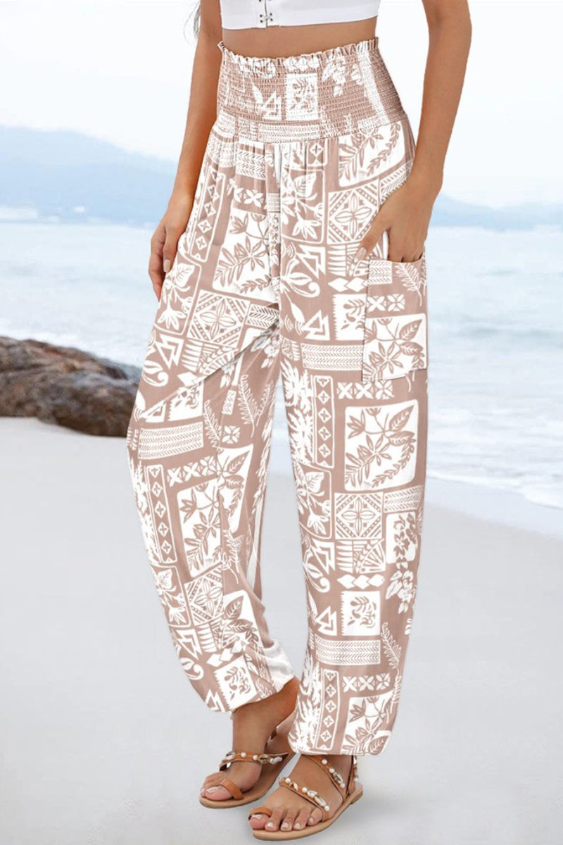 Boho Print Elastic Waist Casual Pants