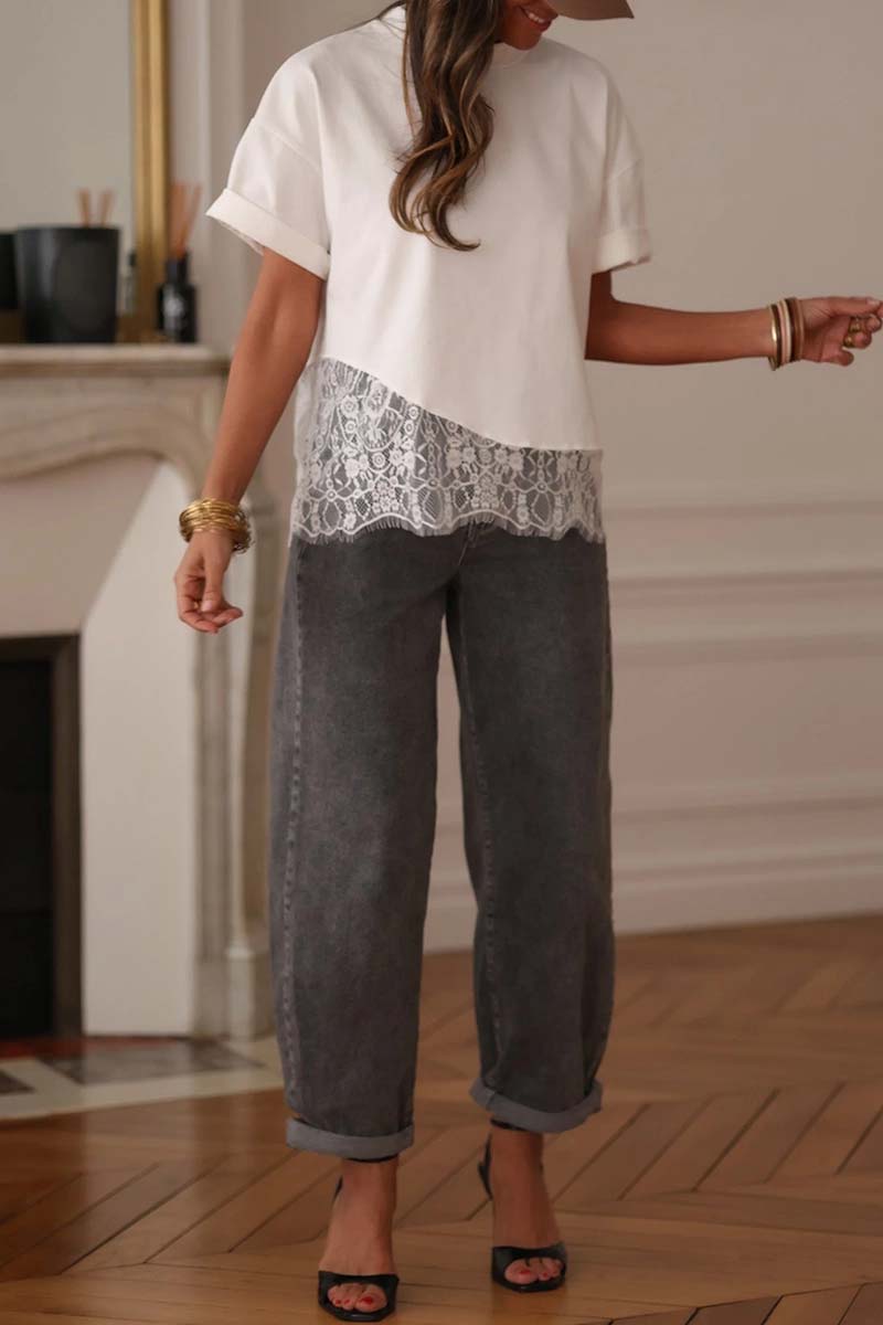 Asymmetric Lace Hem Patchwork Tee