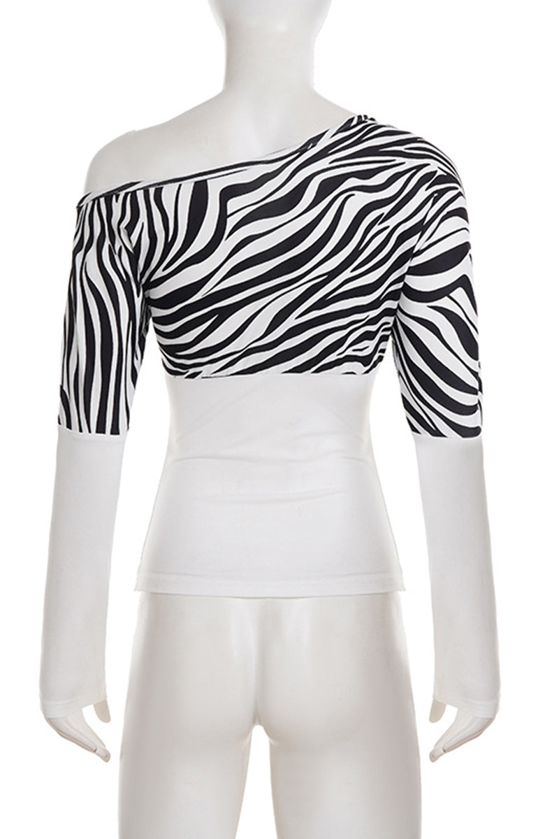 Asymmetrical Zebra Print Long Sleeve Top