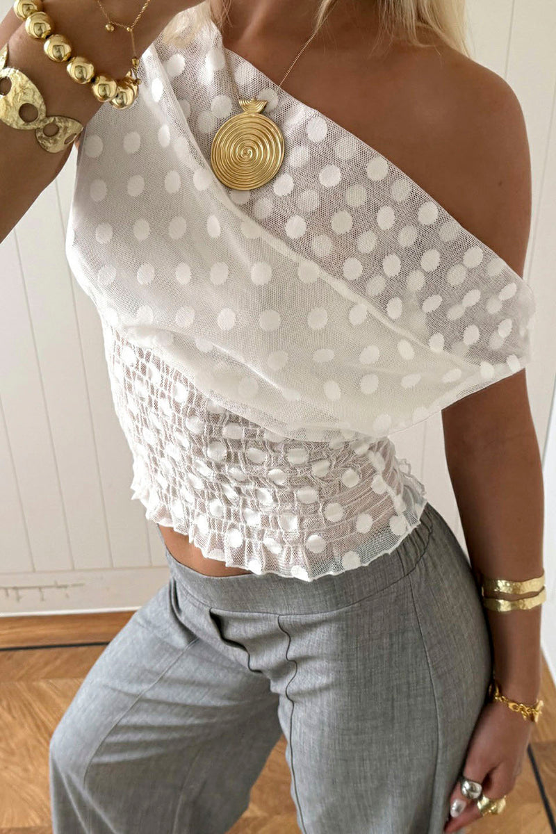 Asymmetric Polka Dot Smocked Tank