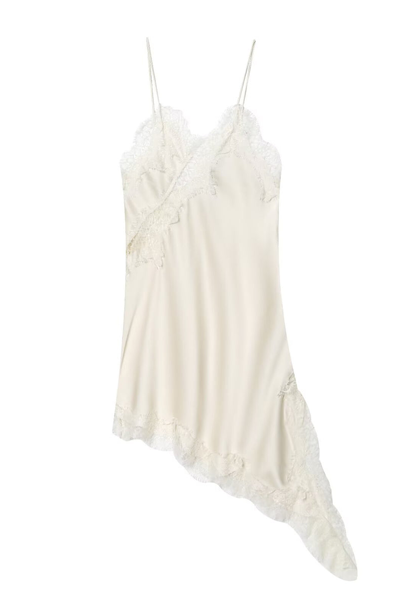 Asymmetrical Hem Lace Trim Slip Dress