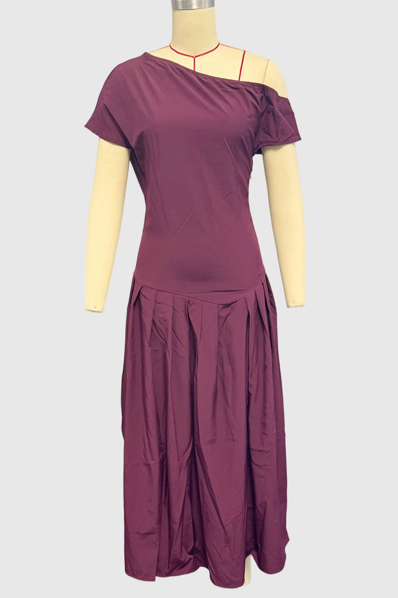 Asymmetrical Neck Pleated Midi Dress