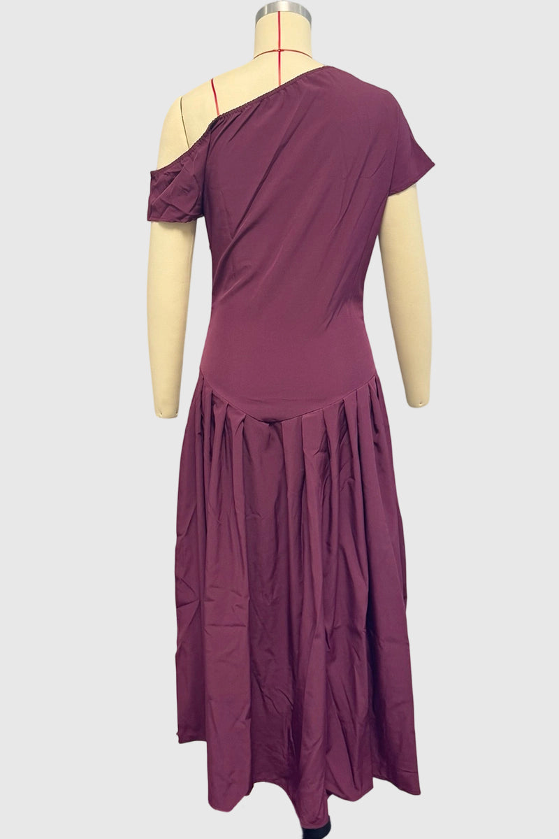 Asymmetrical Neck Pleated Midi Dress