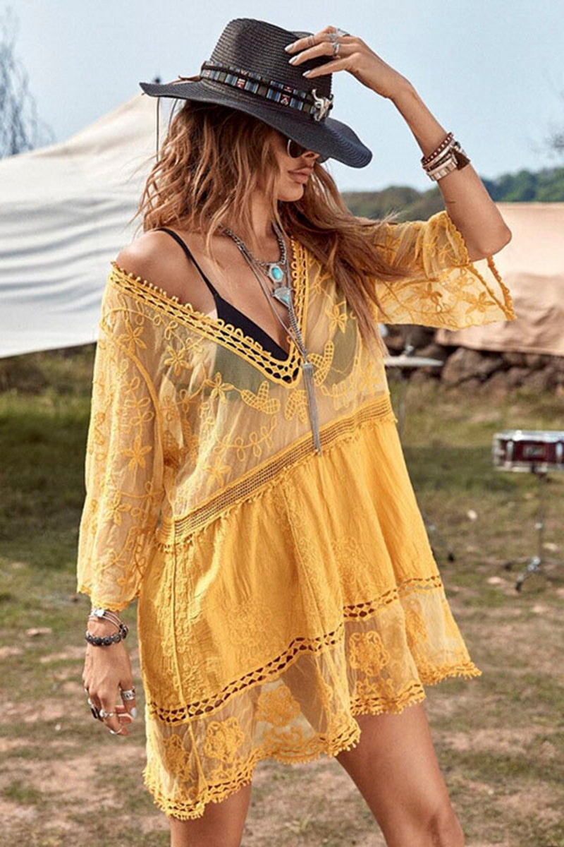 Boho Floral Crochet Cover-Up Dress