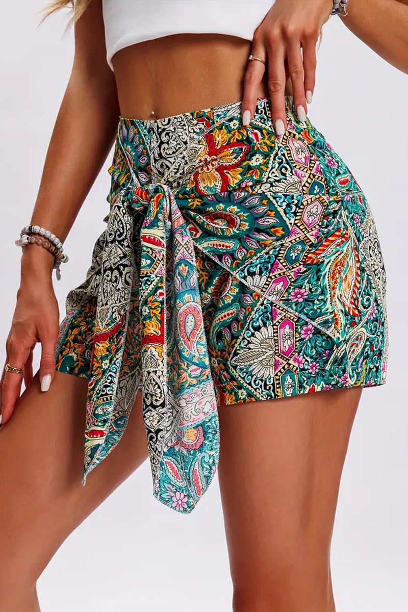 Boho Print Tie Waist Casual Shorts