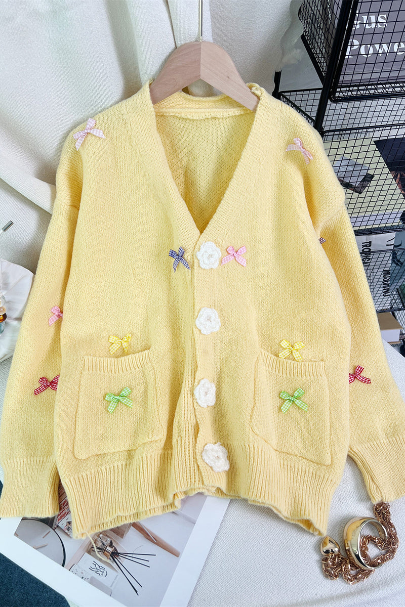 Bow Embellished V-Neck Cardigan