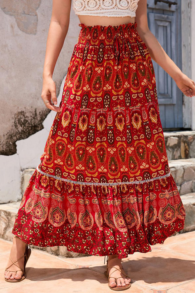 Boho Print Elastic Waist Midi Skirt