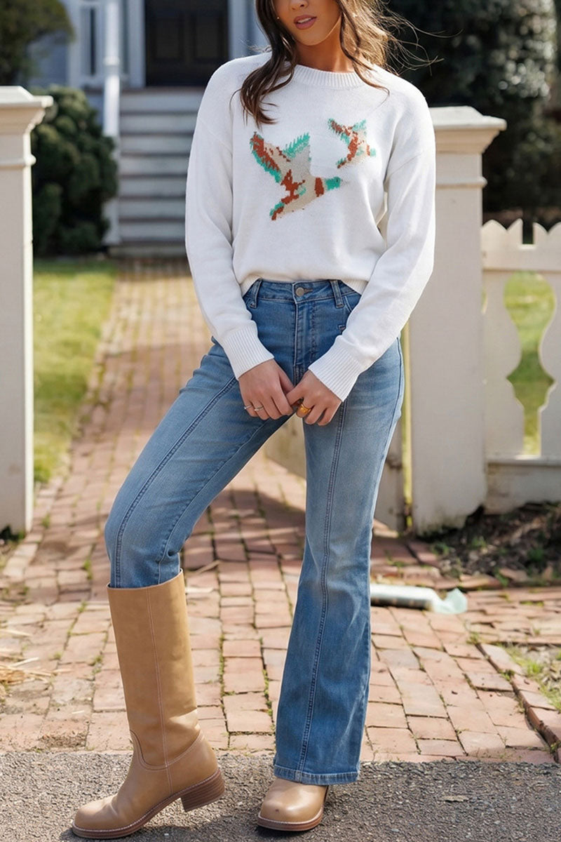 Bird Intarsia Crew Neck Knit Sweater