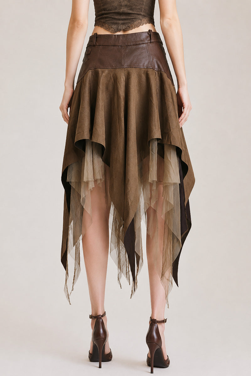 Belted Asymmetric Layered Mesh Midi Skirt