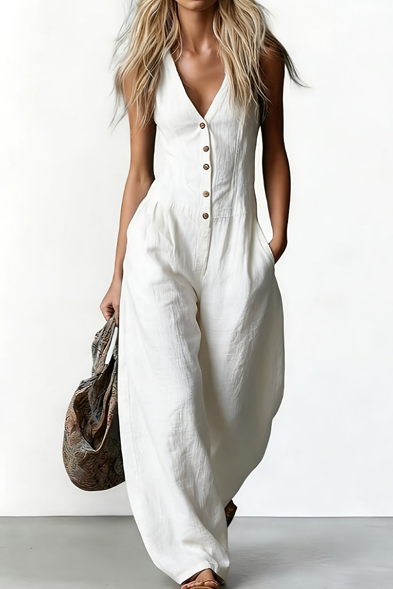 Button Front Deep V-Neck Wide Leg Jumpsuit