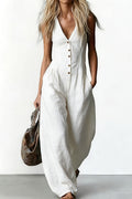 Button Front Deep V-Neck Wide Leg Jumpsuit