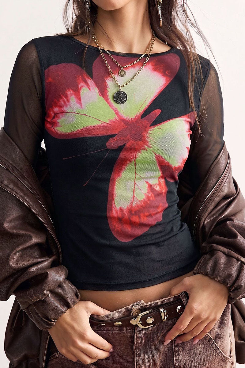 Butterfly Print Mesh Sleeve Crew Neck Top
