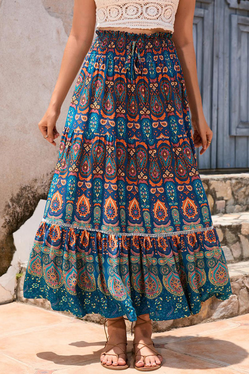 Boho Print Elastic Waist Midi Skirt