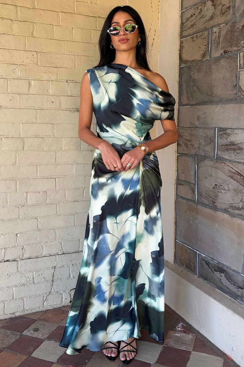 Asymmetrical Off-Shoulder Print Dress