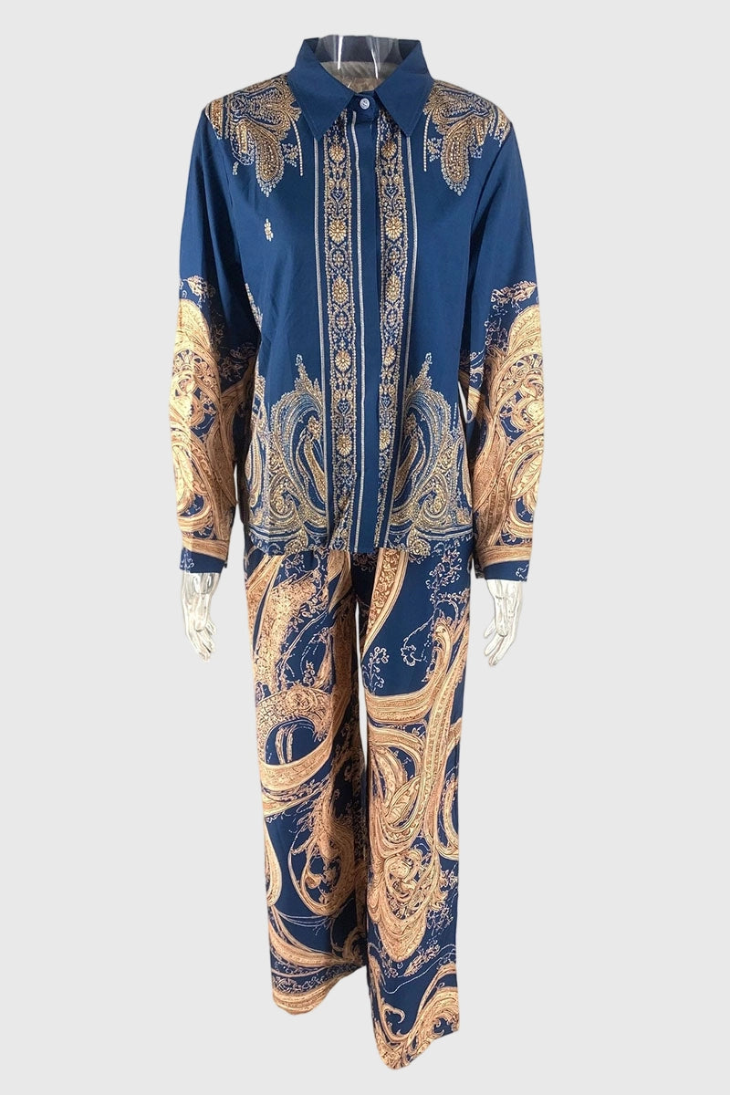 Baroque Print Collared Wide-Leg Pants Set