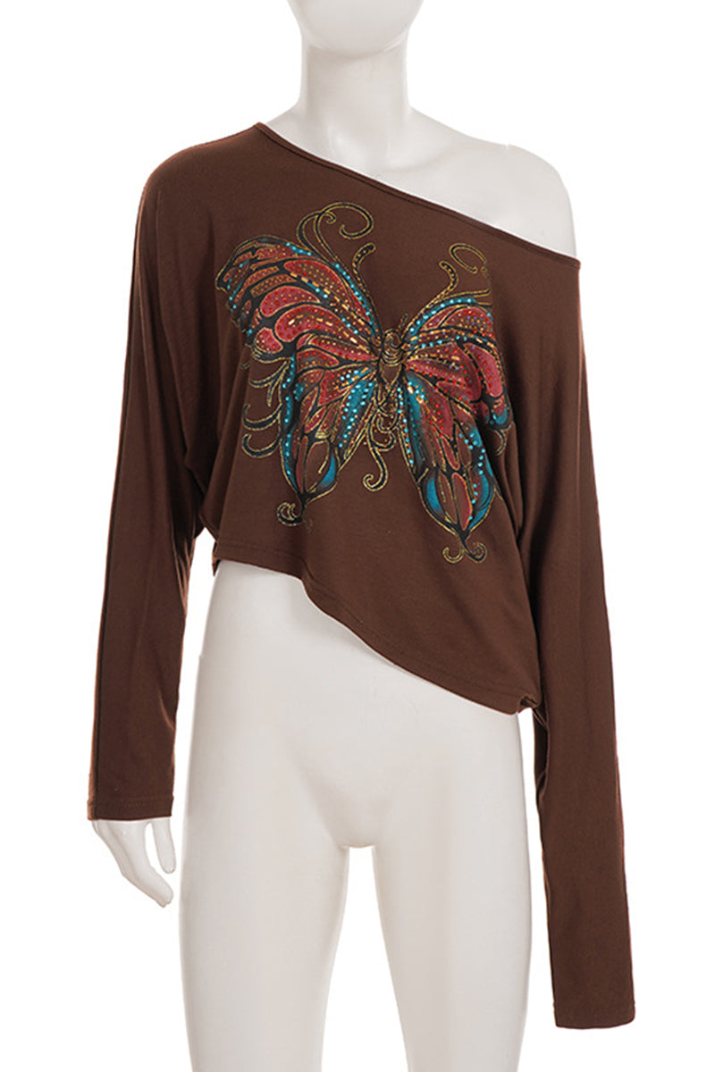 Butterfly Print Off-Shoulder Tee