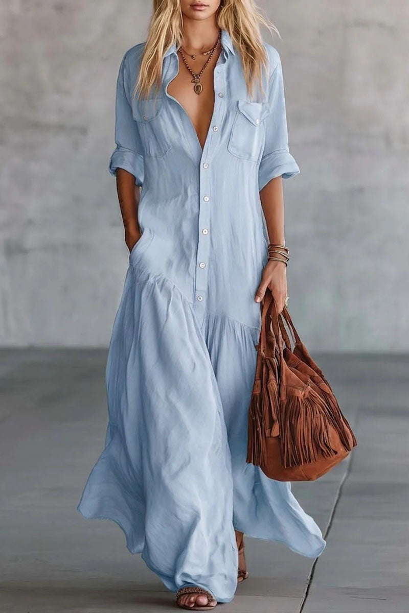 Button Down Collar Tiered Maxi Casual Dress