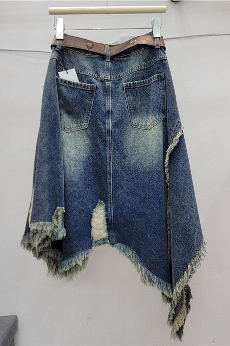 Asymmetric Frayed Hem Denim Skirt