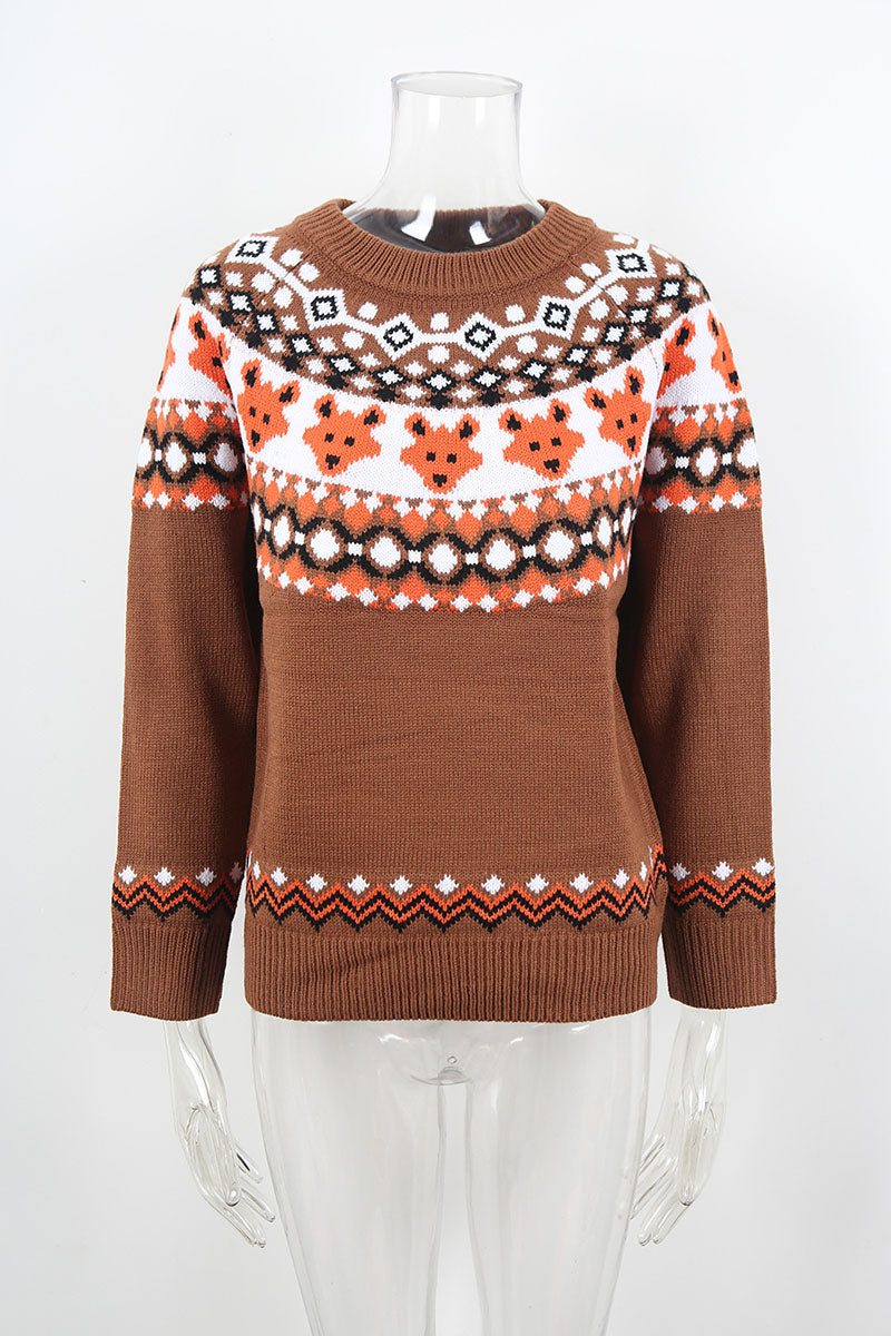Bear Print Crew Neck Knit Sweater