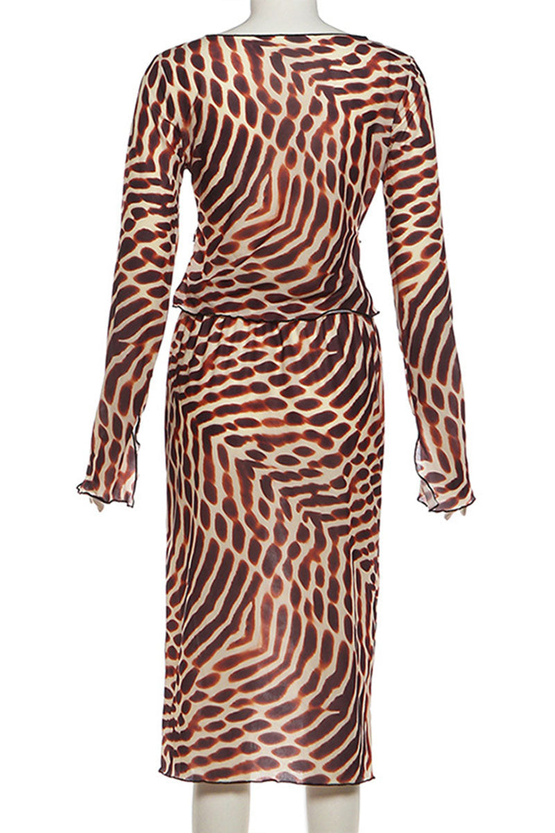 Animal Print Tie Front Long Sleeve Skirt Set