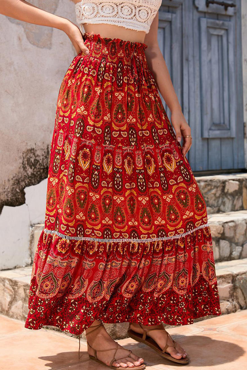 Boho Print Elastic Waist Midi Skirt
