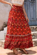 Boho Print Elastic Waist Midi Skirt