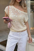 Asymmetric Knit Mesh Shell Embellished Top