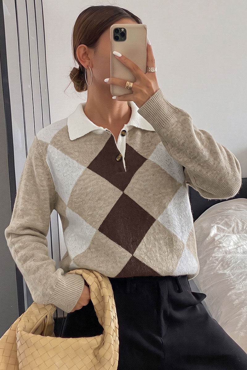 Argyle Knit Polo Collar Sweater