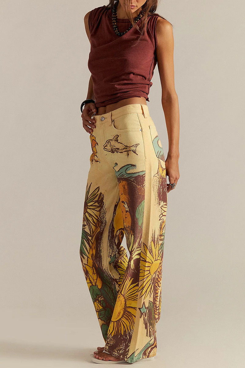 Animal Floral Print Straight Jeans