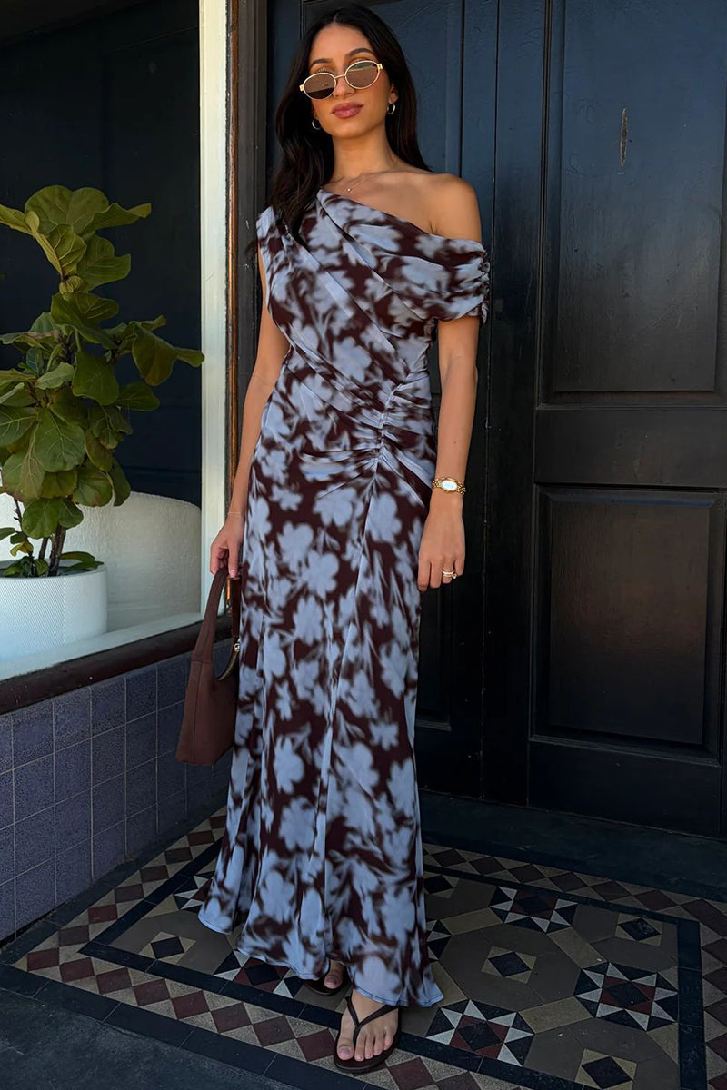 Asymmetrical Off-Shoulder Print Dress