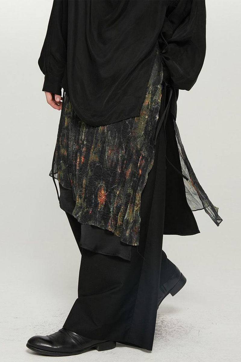 Abstract Print Pleated Asymmetrical Overlay Skirt