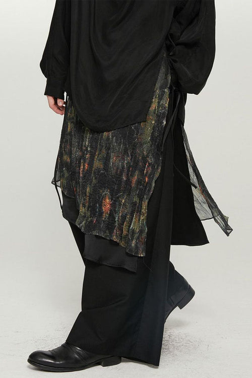 Abstract Print Pleated Asymmetrical Overlay Skirt