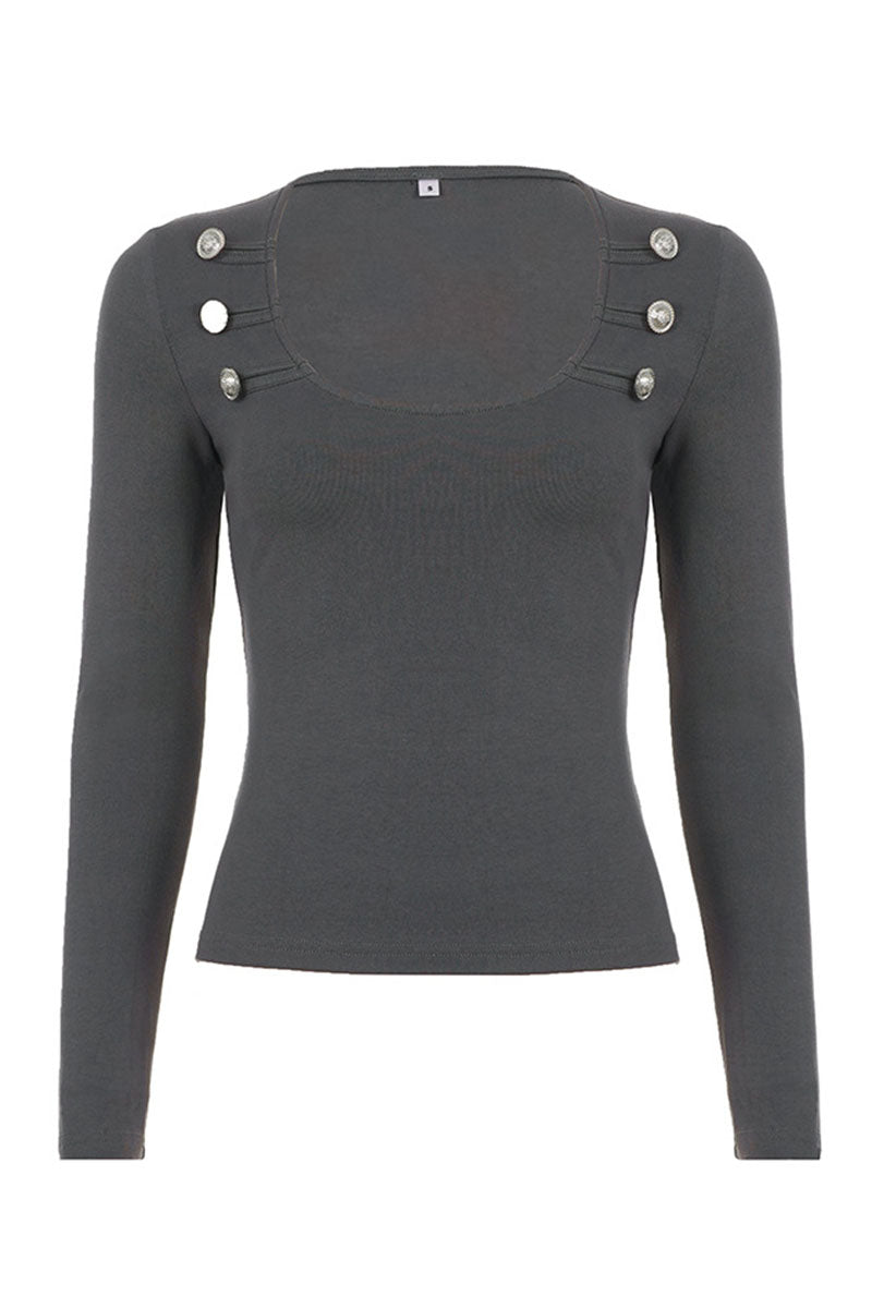 Button Square Neck Long Sleeve Blouse