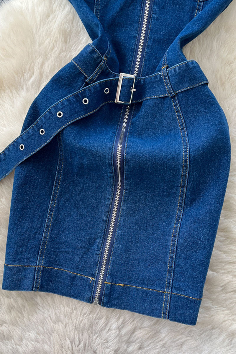 Belted Zip Front Denim Dress