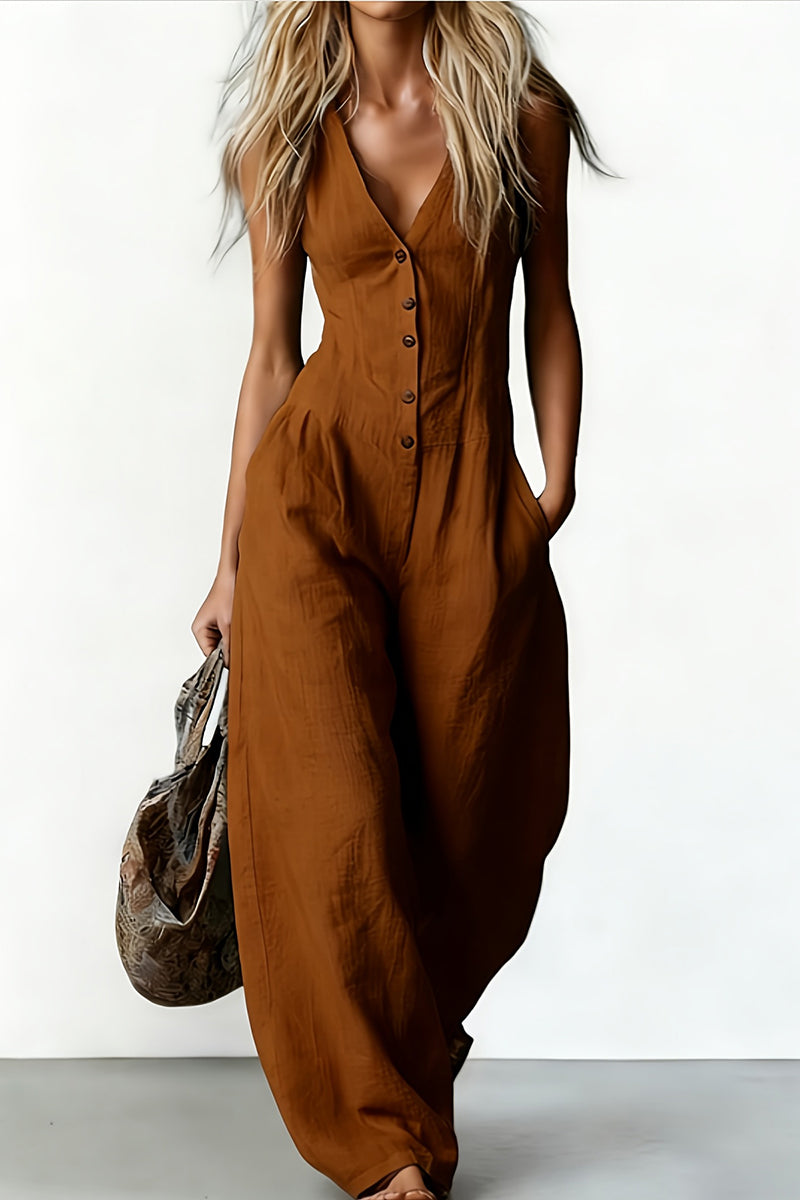 Button Front Deep V-Neck Wide Leg Jumpsuit