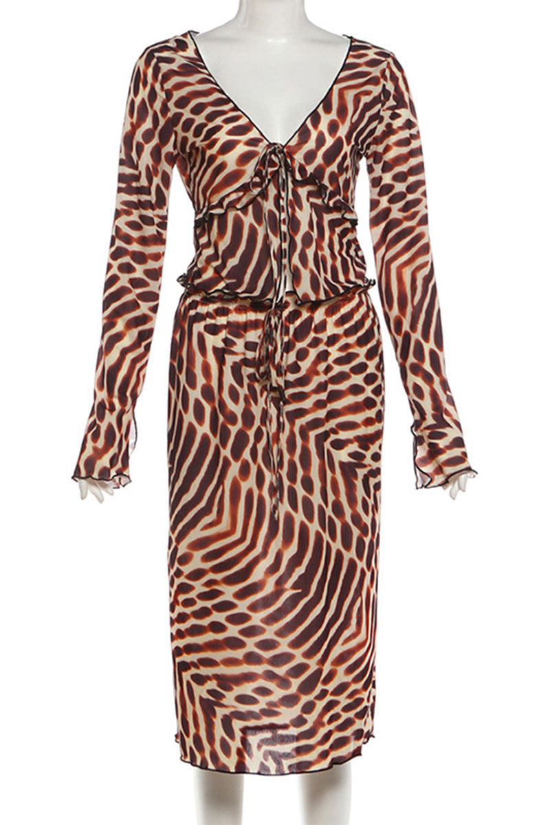 Animal Print Tie Front Long Sleeve Skirt Set