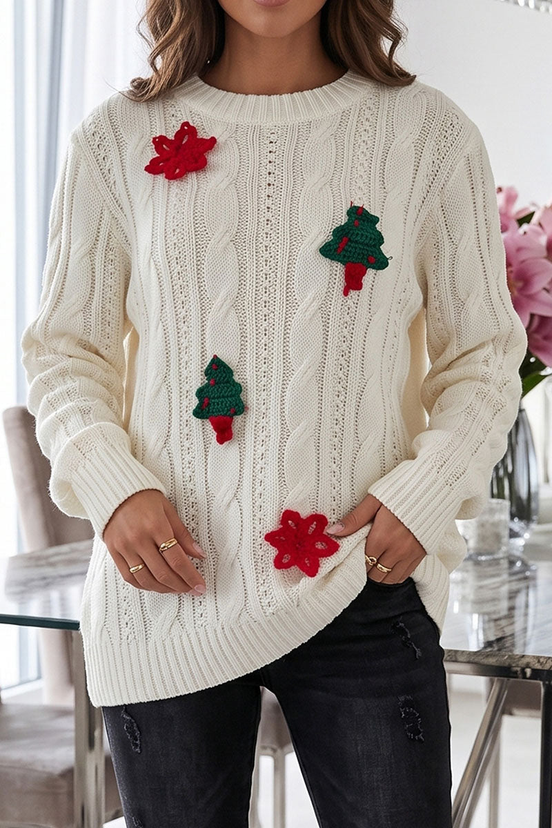 Applique Cable Knit Crew Neck Sweater