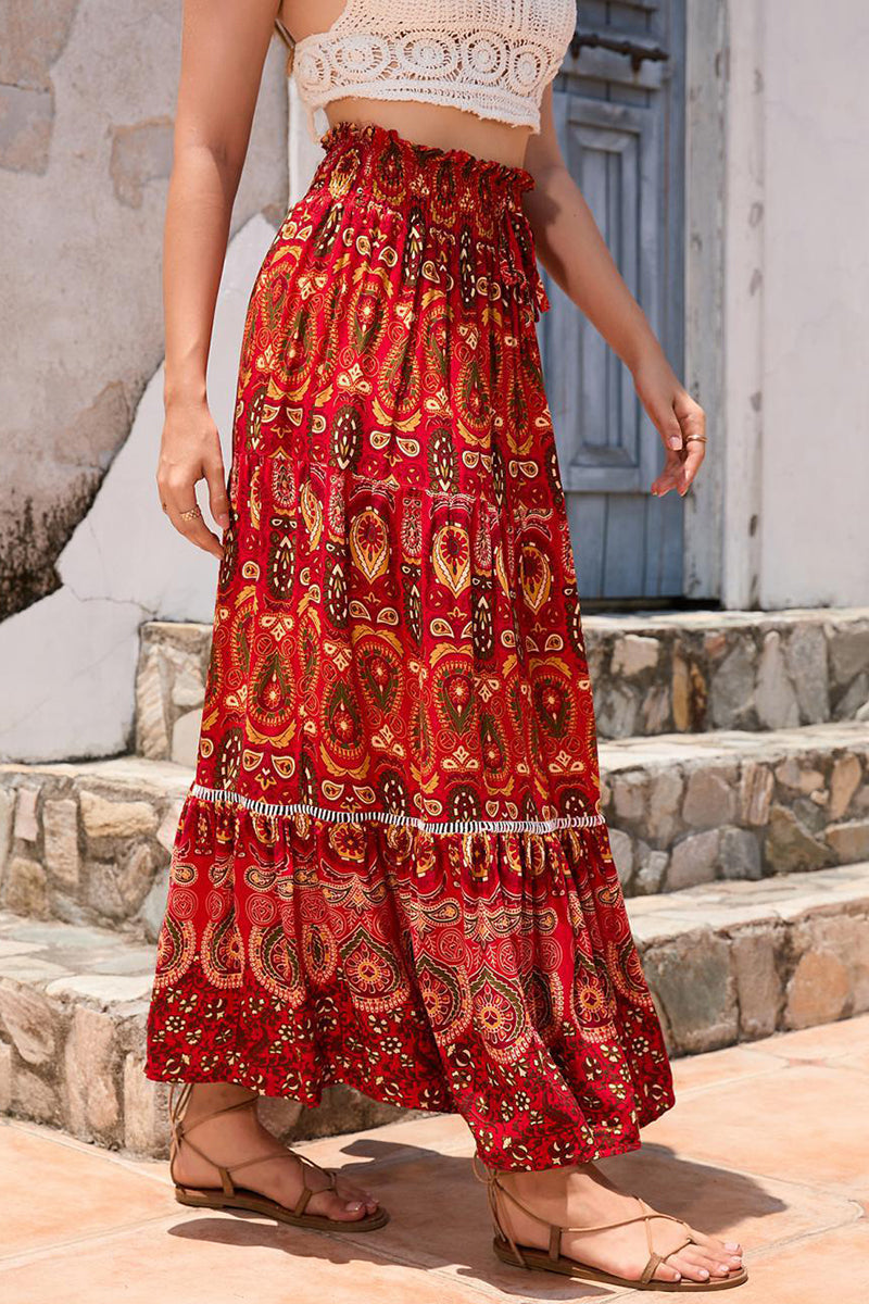 Boho Print Elastic Waist Midi Skirt