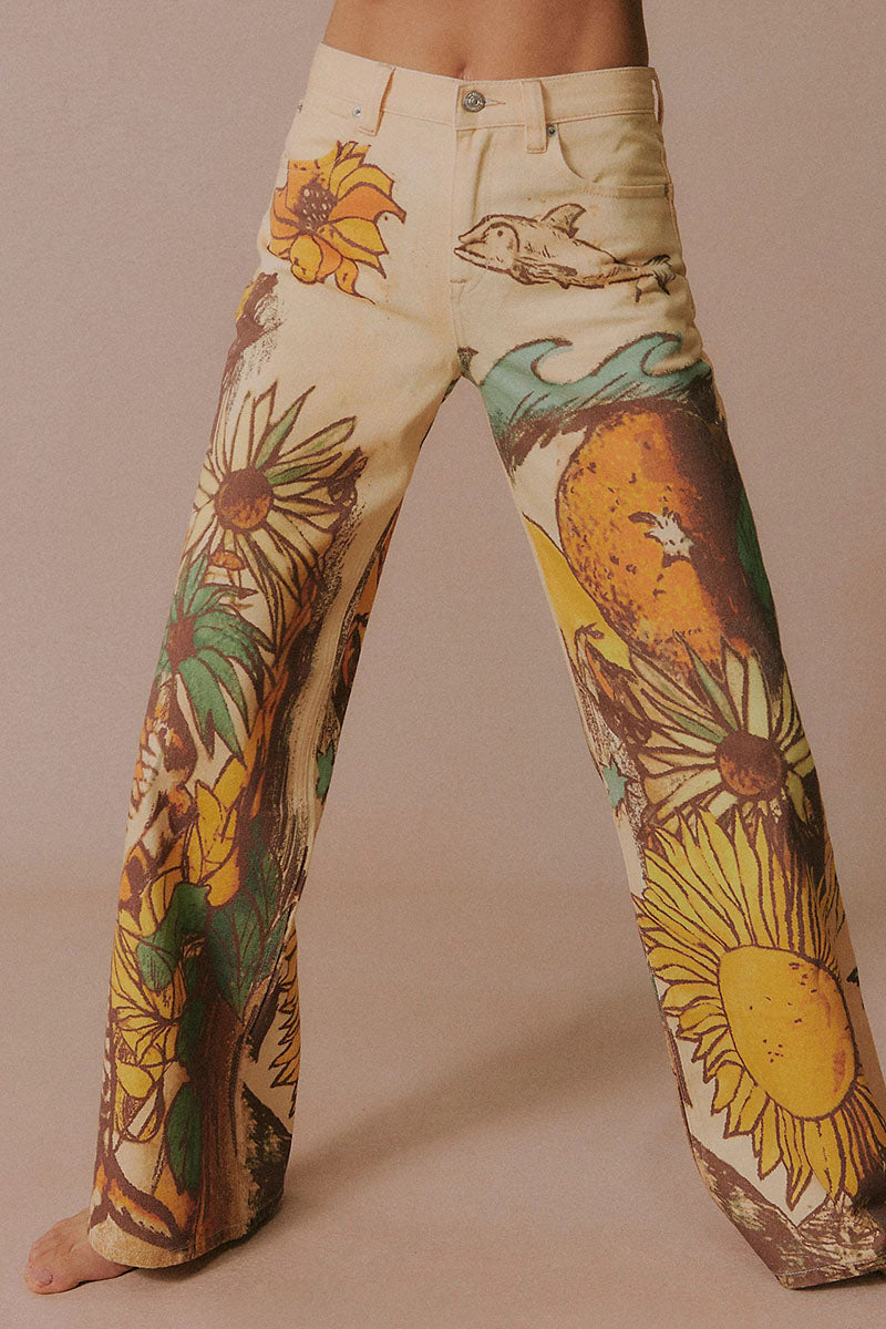 Animal Floral Print Straight Jeans