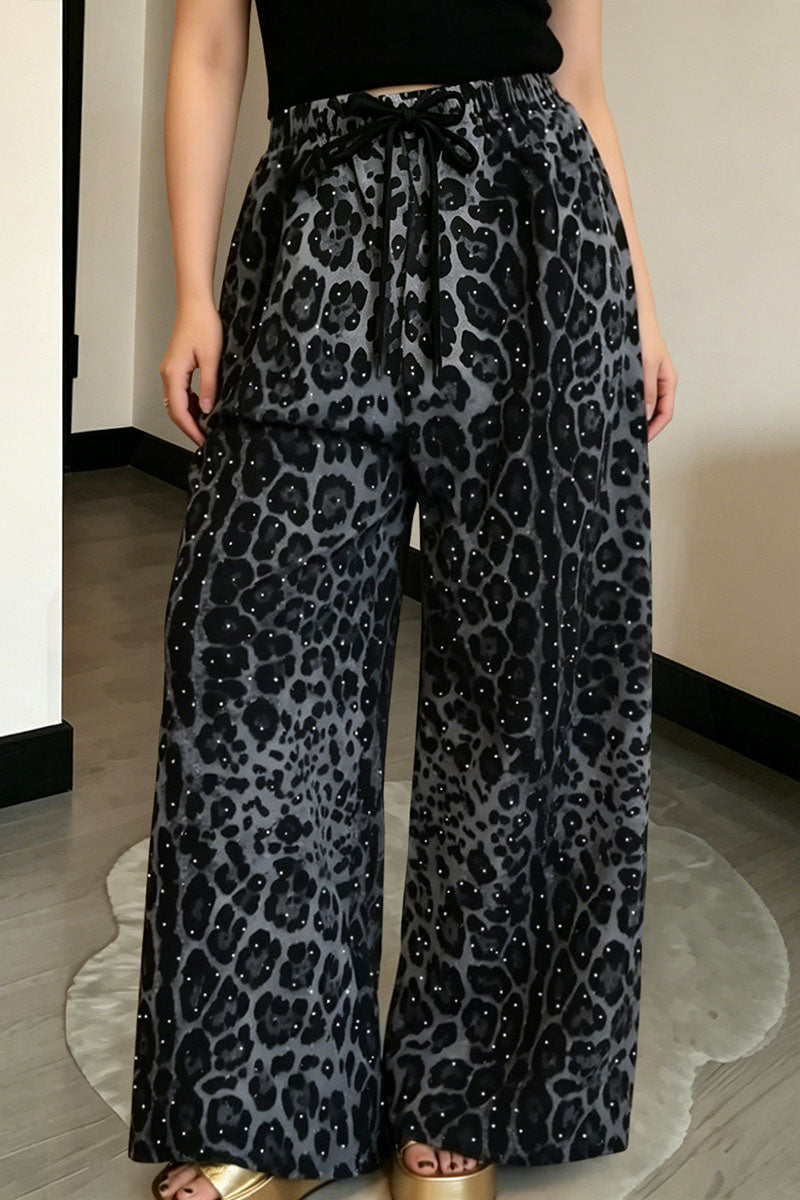 Animal Print Drawstring Wide Leg Casual Pants