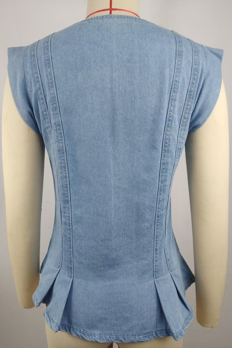 Button V-Neck Denim Vest