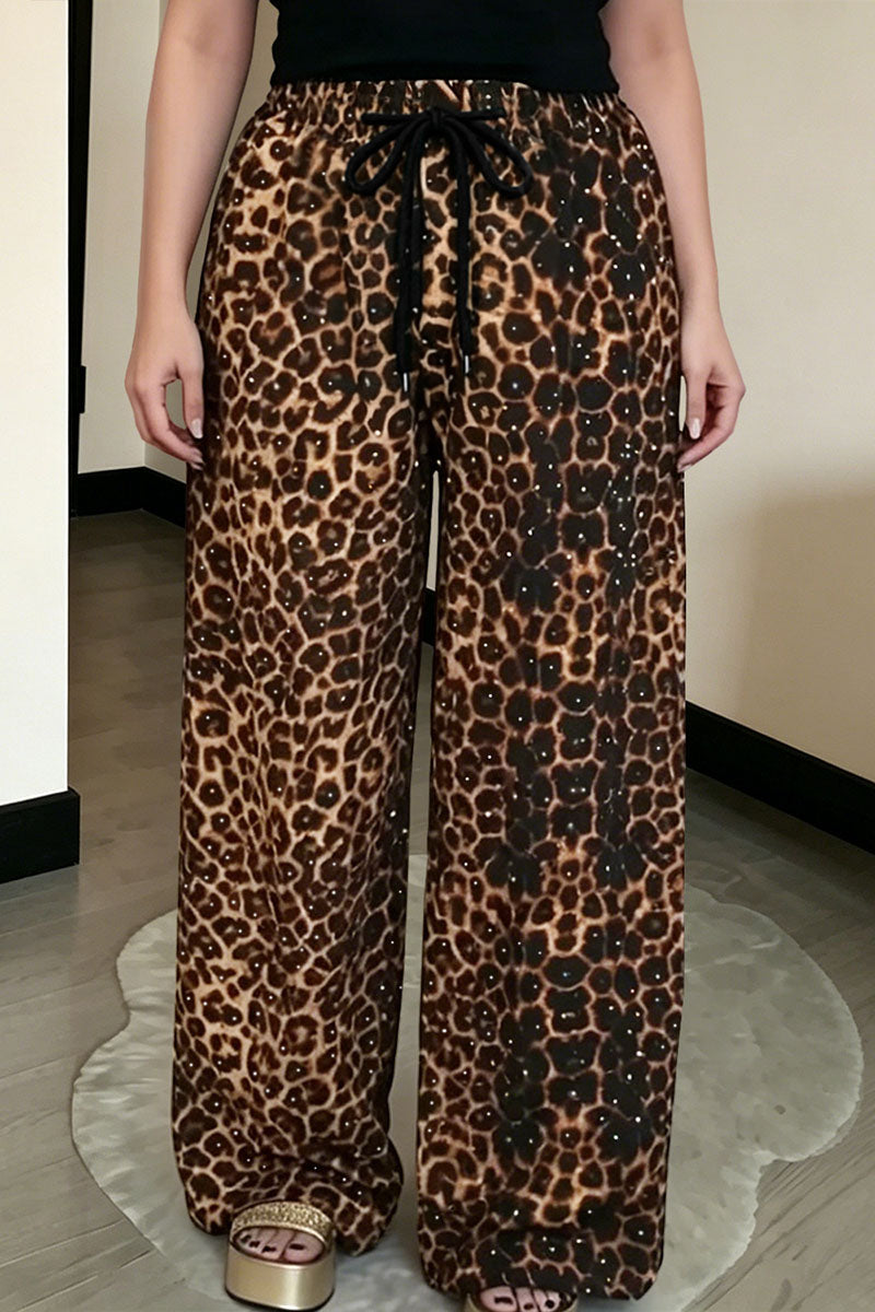 Animal Print Drawstring Wide Leg Casual Pants