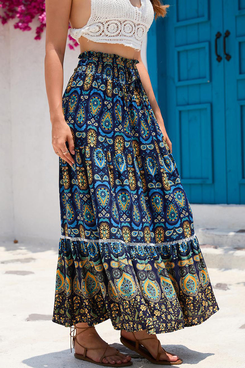 Boho Print Elastic Waist Midi Skirt