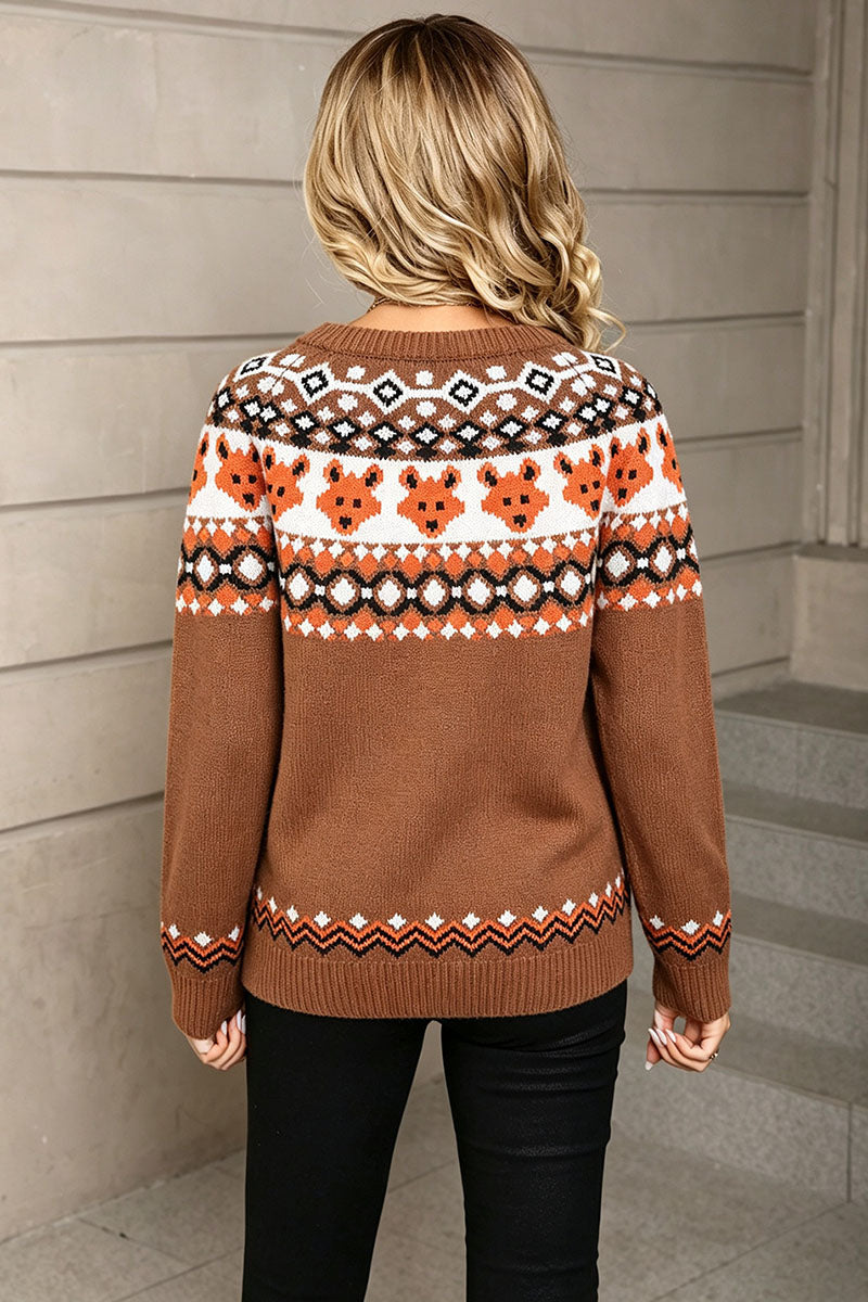 Bear Print Crew Neck Knit Sweater