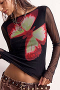 Butterfly Print Mesh Sleeve Crew Neck Top
