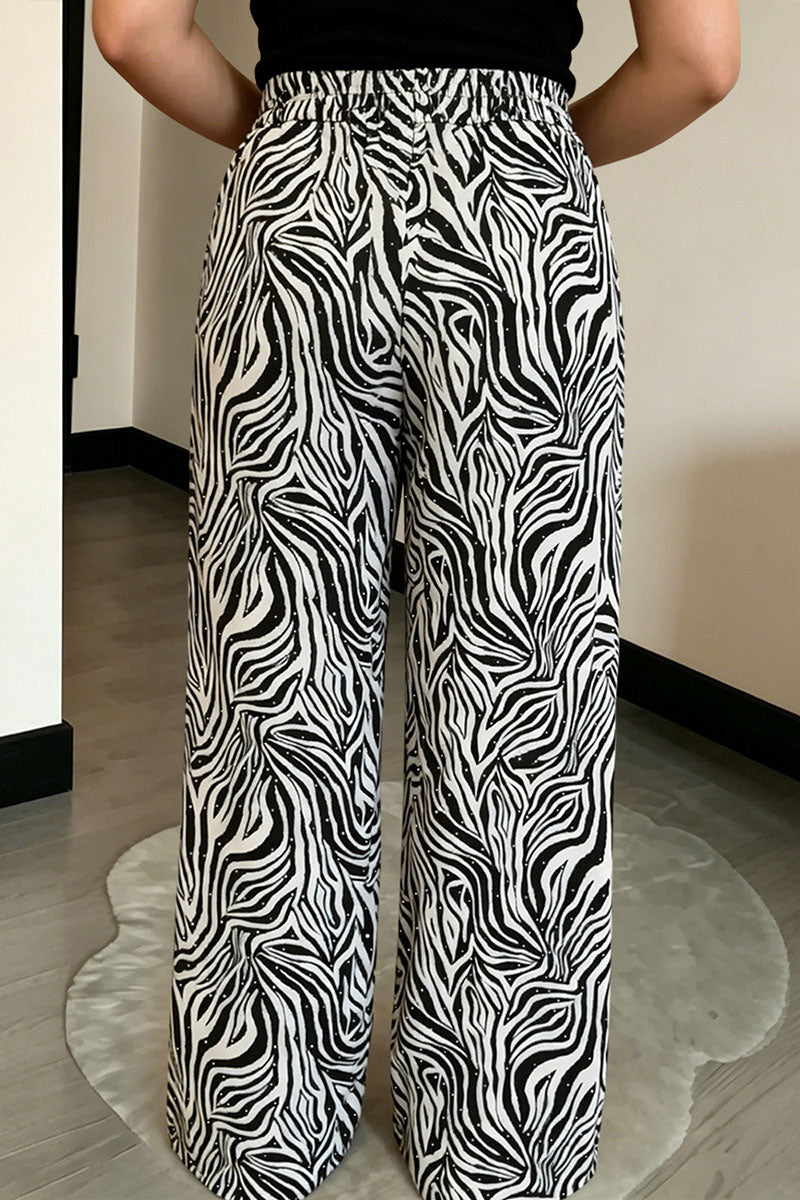 Animal Print Drawstring Wide Leg Casual Pants